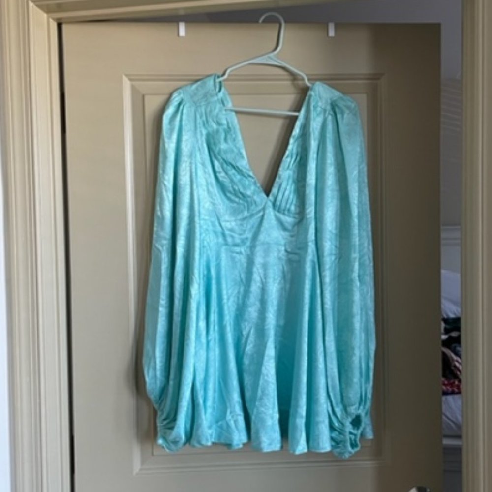 Light Blue Satin Long-Sleeve Mini Dress